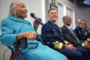 Dr. Olivia J. Hooker gives a speech during a building dedication ceremony in her honor at Coast Guard Sector New York in Staten Island, New York, March 12, 2015. In February 1945, during World War II, Hooker became the first African-American female admitted into the United States Coast Guard. Photo: Petty Officer 3rd Class Ali Flockerzi