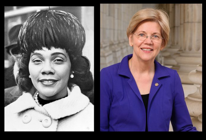 Left: Civil Rights icon Coretta Scott King wrote the letter in 1986 urging a Republican-controlled Senate Judiciary Committee to reject then U.S. Attorney Sessions’ nomination for a district court judgeship. Photo: Library of Congress/Wikimedia Commons. Right: US Senator Elizabeth Warren
