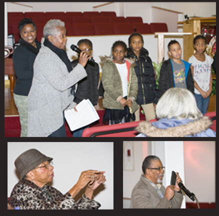 Clockwise from top: Mrs. Grace Bowles with children from her workshop discuss what they learned during the Black History Committee of the Hudson Valley 48th Annual Martin Luther King Jr Celebration on Monday, January 16, 2017 at New Hope Baptist Church in Newburgh, NY; Rev. Nelson McAllister offers remarks during the Black History Committee of the Hudson Valley 48th Annual Martin Luther King Jr Celebration on Monday, January 16, 2017 at New Hope Baptist Church in Newburgh, NY; Mrs. Sadie Tallie, President of the Black History Committee of the Hudson Valley, offers remarks during the organizations 48th Annual Martin Luther King Jr Celebration on Monday, January 16, 2017 at New Hope Baptist Church in Newburgh, NY. Hudson Valley Press/CHUCK STEWART, JR.