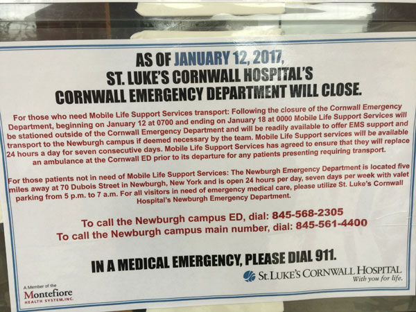 A sign was posted up letting people know that the emergency department at the Cornwall campus of St. Luke’s Cornwall Hospital is closing its doors for good at 12:01 a.m. on Thursday, January 12.