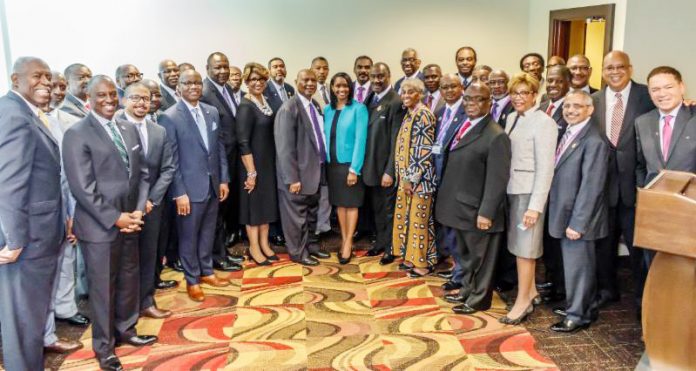 AME Church Bishops pose with Black bankers and business leaders after announcing historic partnership.