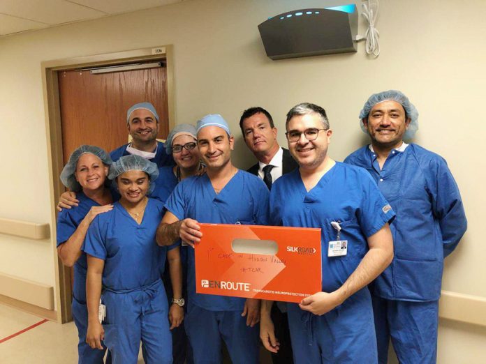 John A. Fiorianti, MD, FACS (center left) and Anthony L. Rios, MD, RPVI (center right) with Karyn Robertson PA-C (far left) of Crystal Run Healthcare and surgical staff from Orange Regional Medical Center after completing the first Transcarotid Artery Revascularization (TCAR) procedure in Orange County.