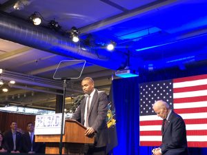 A rally held Friday in Kingston for congressional candidate Antonio Delgado (at podium) brought a number of fellow Democrats urging voters to participate in the Blue Wave this November. Top on the list of speakers was former Vice president Joseph Biden (seated).
