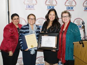 Sonia Ayala, Juana Leandry-Torres, Honoree Jacqueline Hernandez and Mary Olivera at the Latino Democratic Committee of Orange County Ffifteenth Annual Fall Dinner Dance at Cafe Internationale in Newburgh, NY on Saturday, October 13, 2018. Hudson Valley Press/CHUCK STEWART, JR.