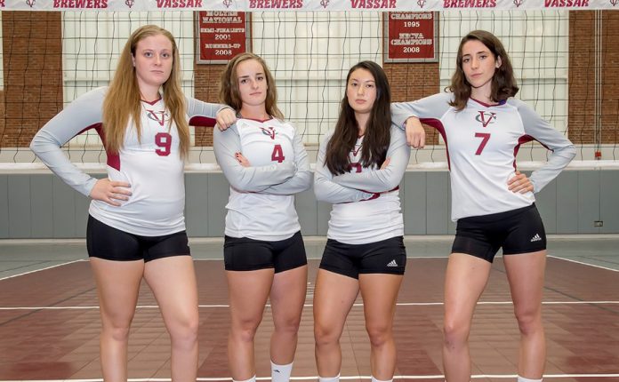 The Vassar College women's volleyball team honored its four seniors, Lydia Bailey, Annie MacMillan, Lauren Ninkovich and Devan Gallagher, prior to its regular season finale on Saturday afternoon. Photo: Carlisle Stockton