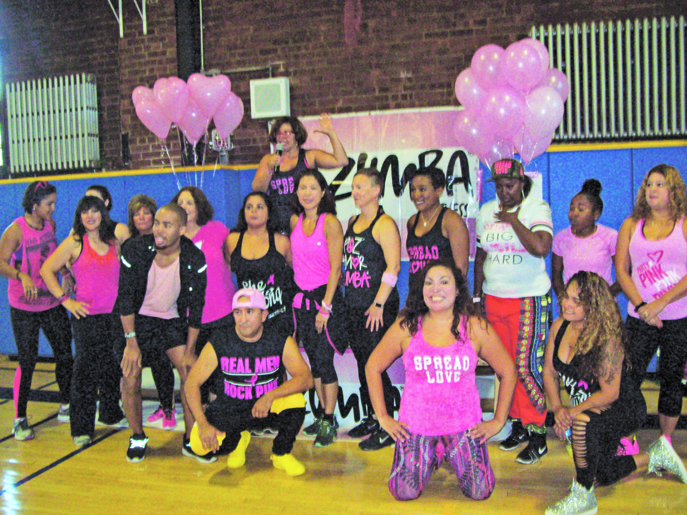 Some of the many area Zumba instructors who devoted their time and energies to Sunday’s “Party in Pink,” Zumbathon held in honor of Breast Cancer Awareness Month.
