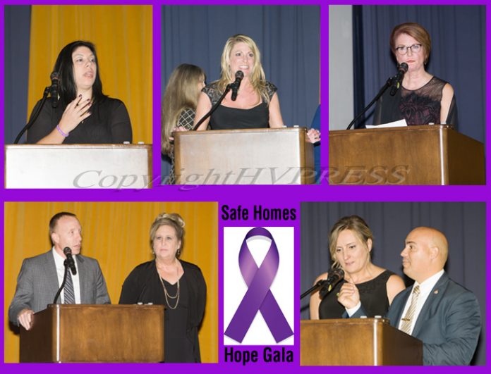 Safe Homes of Orange County celebrated its 32nd Anniversary with a Celebration of Hope Gala on Friday, November 2, 2018. Pictured clockwise from top left: Amy Stillwaggon received the Jane Chertock Legacy Award; Darci Miller accepts the Family Justice Center Award on behalf of Child Welfare of O.C. and the Dept. of Social Services; Joan Cusack-McGuirk, President & CEO of St. Luke's Cornwall Hospital received the Hope Award; Joanna Janik, Safe Homes Risk Reduction Response Program Coordinator and Lt. Joseph Cortez of the City of Newburgh Police Department accept The Family Justice Center Award; and Monroe-Woodbury Rotary Club received the Mildred Warren 