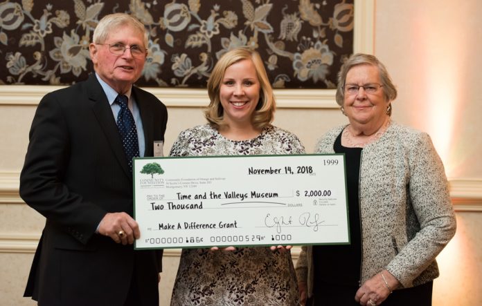 Elizabeth Rowley (center), CFOS President & CEO, presents a check to Richard Coombe (left) and Phyllis Coombe (right) of the Time and the Valleys Museum for the Make A Difference Grant at the 2018 Annual Reception.
