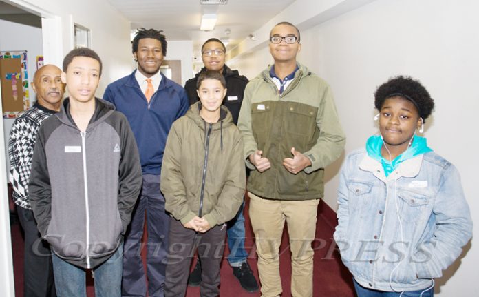 Coach George Bowles, far left, conducted a youth workshop during the Black History Committee of the Hudson Valley Annual Rev. Dr. Martin Luther King Jr Memorial Service on Monday, January 21, 2019 at Mt. Carmel Church of Christ in Newburgh, NY. Hudson Valley Press/CHUCK STEWART, JR.
