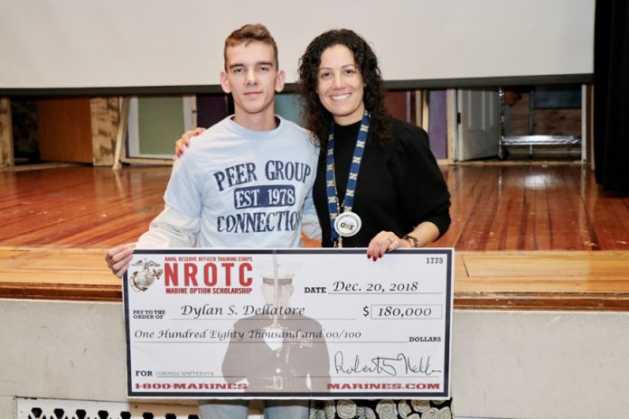 Dylan Dellatore, a 12th grade scholar at Newburgh Free Academy’s North Campus was presented a scholarship for $180,000 by Captain Matt Silverstein, USMC during a senior assembly at Newburgh Free Academy’s North campus on Thursday, December 20, 2018.