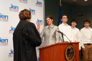 Senator Jen Metzger (SD-42) took the oath of office, administered by the Honorable Sandra B. Sciortino - Justice of the Supreme Court of the State of New York, 9th Judicial District. Photo: Carl Cox Studios, Rosendale