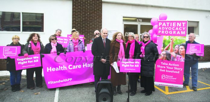 Assemblyman Jonathan Jacobson (D-104), Senator Jen Metzger’s Chief of Staff Leslie Beriliant, Planned Parenthood Mid-Hudson Valley President and CEO, Ruth-Ellen Blodgett and PPMHV Board Chair Helen Ullrich are joined by supporters and community members at a press conference on Sunday, January 27, 2019 to thank politicians. Hudson Valley Press/CHUCK STEWART, JR.
