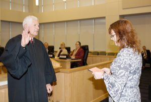Judge Robert A. Onofry was sworn in by Clerk Annie Rabbitt to his second term as Surrogate Court Judge during the Orange County Legislative organizing meeting in Goshen, NY on Thursday, January 3, 2019. Hudson Valley Press/CHUCK STEWART, JR.