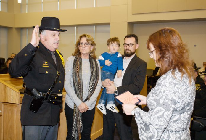Orange County Sheriff Carl E. DuBois was sworn in by Clerk Annie Rabbitt to his unprecedented fifth term as Sheriff during the Orange County Legislative organizing meeting in Goshen, NY on Thursday, January 3, 2019. Hudson Valley Press/CHUCK STEWART, JR.