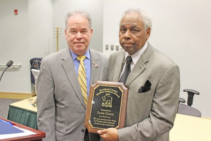 County Executive Ed Day (left) and Director Susan Branam (not pictured) of Rockland’s Veterans Service Agency presented the 2019 Buffalo Soldiers Award to local veteran Lewis Green (right) during a special ceremony on Wednesday, February 6, 2019.