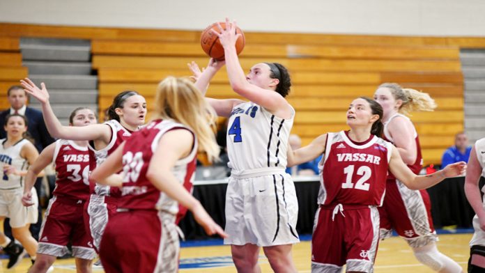 Freshman Lauren Desrats poured in a career-high 19 points as the Mount Saint Mary College Women’s Basketball team held off a furious Farmingdale State fourth quarter comeback to defeat the Rams 63-61.