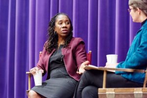 Sherrilyn Ifill, the President and Director-Counsel of the NAACP Legal Defense and Educational Fund, makes a point during a dialogue with facilitator Rebecca Edwards, a Professor of History on the Eloise Ellery Chair, at Friday’s event, held at Vassar College, Ifill’s alma mater. 