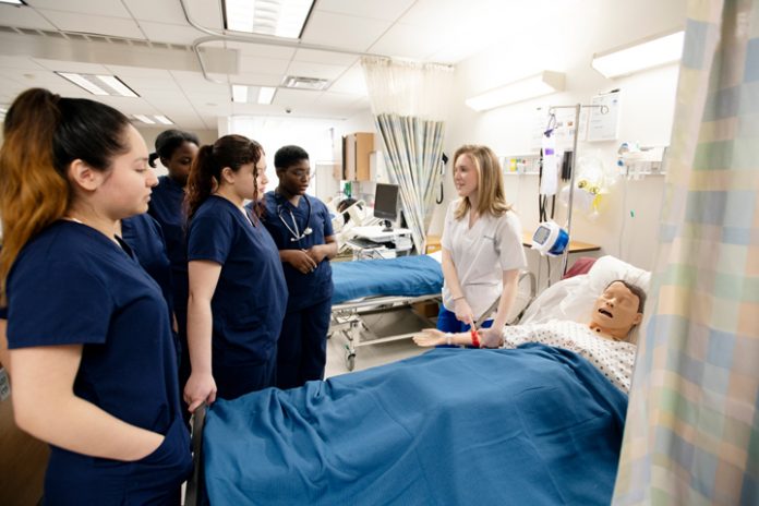 Mount Saint Mary College Nursing students are mentoring about 50 Newburgh Free Academy students who are interested in the healthcare field. Here, Mount Nursing student Shannon Christiano of Yaphank, N.Y. highlights the Mount’s state-of-the-art Nursing lab. Photo: Lee Ferris