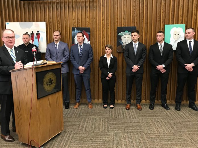 City of Poughkeepsie Mayor Rob Rolison with new officers Robert Prince, Kyriacos Kyriacou, Paul Henne, Danielle M. Costa, Kevin Smith, Justin P. Consalvo, and Gregory Schweizer.