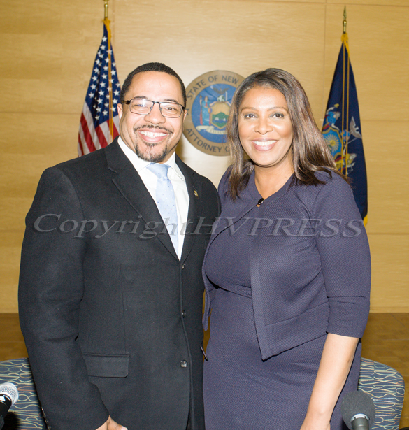 City of Newburgh Torrance Harvey with New York State Attorney General Letitia James who hosted a forum in Newburgh on solutions to combat the opioid epidemic in NY State on Saturday, April 6, 2019. Hudson Valley Press/CHUCK STEWART, JR.