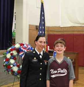SPC Gretchen Wagner and her nephew Daniel, a Grade 6 student, during the May 20 Grade 6 Memorial Day Ceremony at New Paltz Middle School.