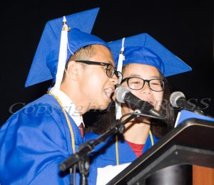 Poughkeepsie High School Valedictorian Minh Chau and Salutatorian Victoria Horner address their fellow classmates during the 147th Commencement Exercises for the graduating Class of 2019 on Friday, June 28, 2019 in Poughkeepsie, NY. Hudson Valley Press/CHUCK STEWART, JR.