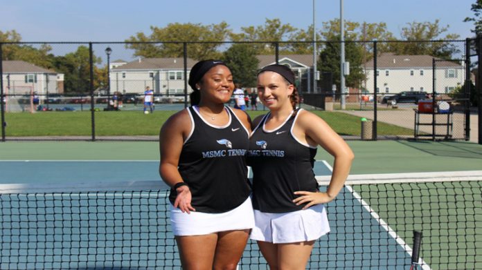 The Mount Saint Mary College Women’s Tennis team got back into the win column and evened its overall record on Sunday with an impressive 9-0 home win over Vaughn on Senior Day. Pictured above MSMC seniors Miyanna Vernon and Michelle Carnovale.