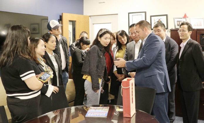 Orange County Executive Steven M. Neuhaus speaks to a delegation from the Xi’an, China Municipal Bureau of Commerce in his office at the Government Center in Goshen.