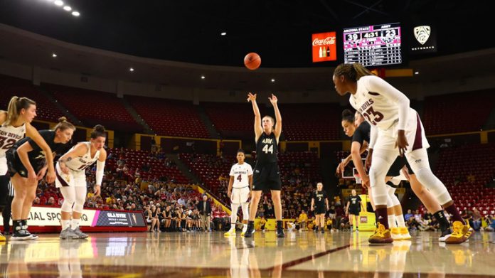 The Army West Point women’s basketball team fell to No. 18 Arizona State Sunday evening at Desert Financial Arena, 83-51. The Cadets had 18 points off the bench, led by Libby Tacka’s seven (pictured above).