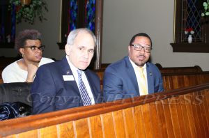 NYS Assemblyman Jonathan Jacobson and City of Newburgh Mayor Torrance Harvey listen to the panel discussion during the Black History Committee of the Hudson Valley Annual Rev. Dr. Martin Luther King Jr Memorial Service on Monday, January 20, 2020 at Ebenezer Baptist Church in Newburgh, NY. Hudson Valley Press/CHUCK STEWART, JR