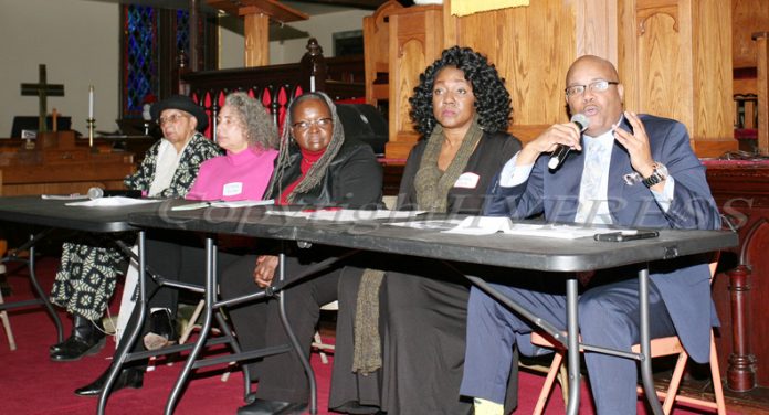 Sadie Tallie, Ramona Burton, Satina Williams, Malinda Ware and Phillip Howard led the Panel Discussion during the Black History Committee of the Hudson Valley Annual Rev. Dr. Martin Luther King Jr Memorial Service on Monday, January 20, 2020 at Ebenezer Baptist Church in Newburgh, NY. Hudson Valley Press/CHUCK STEWART, JR