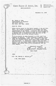 Curt Flood’s letter to MLB Commissioner Bowie Kuhn, stating that he is not “a piece of property to be bought and sold irrespective of my wishes.” Flood also states his intention to play baseball in 1970. Photo: U.S. District Court for the Southern District of New York. / Wikimedia Commons