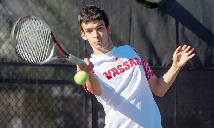 The Vassar College men's tennis team defeated the University of Rochester by a 5-4 margin at the Goergen Athletic Center. Photo: C. Stockton