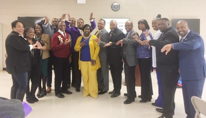 Members of the Omega Psi Phi Fraternity, Inc. Upsilon Tau Chapter and Foundation, along with some local dignitaries and guests, congregate after the group’s Annual Scholarship Luncheon, honoring three women who have made a huge impact on their communities.