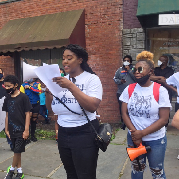 Shauna Lawrence, a 2019 Cornwall High School graduate who recently wrapped up her freshman year at Howard University and was one of the organizers of Sunday’s Youth Rally, reads a moving message she wrote about racism, equality, humanity and justice, in front of Newburgh’s City Hall, prior to the march to Downing Park Sunday.