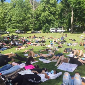 Protestors at Sunday’s City of Newburgh event lay down in Downing Park for 8:48, symbolizing the amount of time that George Floyd suffered, unable to breathe due to the actions of a Minneapolis police officer, Derek Chauvin.