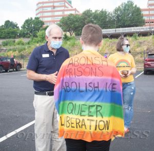 New York State Assemblyman Jonathan Jacobson speaks with a constituent as the Newburgh LGBTQ Center hosted a caravan on Sunday, June 28, 2020 that drove thru Newburgh, Beacon, Poughkeepsie New Paltz, Rosendale, Kingston and Hudson, NY. Hudson Valley Press/CHUCK STEWART, JR.