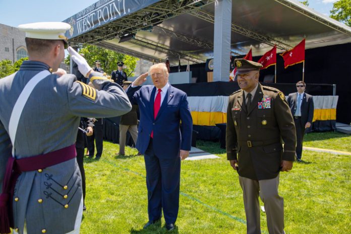 The U.S. Military Academy at West Point held its graduation and commissioning ceremony for the Class of 2020 on The Plain in West Point, NY, June 13, 2020. This year, 1,113 cadets graduated, including 229 women, 132 African-Americans, 103 Asian/Pacific Islanders, 102 Hispanics and 10 Native Americans. Commencement speaker President Donald J. Trump salute a cadet, as U.S. Military Academy Superintendent Lt. Gen. Darryl A. Williams looks on. Photo: Tarnish Pride USMA/PAO