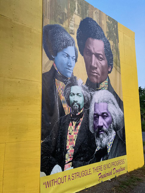 The mural of iconic, historic figure Frederick Douglass that was unveiled Tuesday night at the 150th Anniversary event of his visit to Newburgh where he delivered a powerful address on voting rights for all. The powerful, colorful and multilayered piece features pieces of both present and past and was created by artist Vernon Byron as a source of inspiration for people of Newburgh and beyond to be pioneers as well.