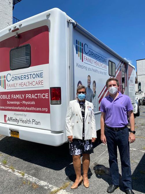 Senator James Skoufis (D-Hudson Valley) hosted free COVID-19 antibody testing in partnership with Cornerstone Family Healthcare. Linda S. Muller, President and Chief Executive Officer of Cornerstone Family Healthcare (left) poses for a photo with Senator James Skoufis (right).