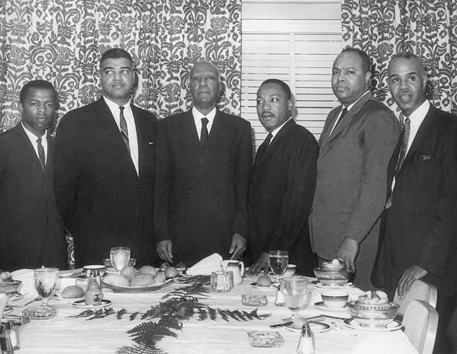 The legendary planners of the 1963 March on Washington meet in New York City in 1963, including (left to right): John Lewis, Whitney Young, A. Phillip Randolph, Rev. Dr. Martin Luther King Jr., James L. Farmer Jr. and Roy Wilkins.
