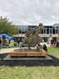 “Journey to Freedom” traveling sculpture project of iconic legend Harriet Tubman is officially installed Monday evening in the Courtyard at the Newburgh Free Library. The awesome nine foot structure is intended to serve as an uplifting symbol of Liberation, Legacy and Truth, for all to be inspired by who view it.