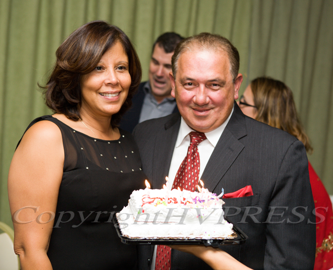 Norma and Eddie Ramirez are presented with a birthday cake during the Latino Democratic Committee of Orange County's Eleventh Annual Fall Dinner Dance at the Meadowbrook in New Windsor, NY on Saturday, October 4, 2014. Hudson Valley Press File/CHUCK STEWART, JR.