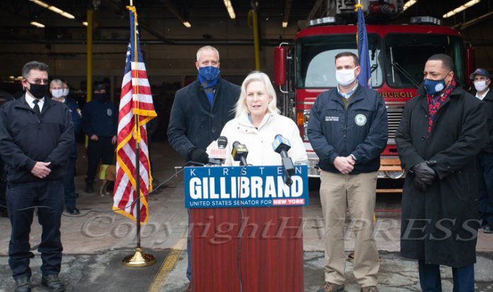 U.S. Senator Kirsten Gillibrand and U.S. Representative Sean Patrick Maloney were at the City of Newburgh Fire Department to announce the PFAS Firefighters Protection Act on Monday, February 22, 2021. Hudson Valley Press/CHUCK STEWART, JR.