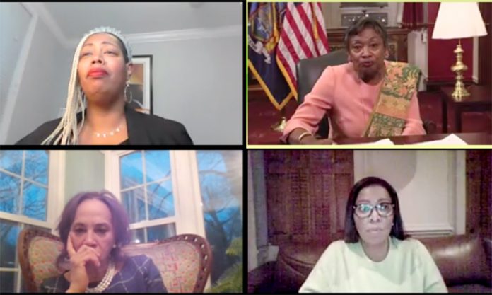 Mũthoni Wambu Kraal, top left, Senator Andrea Stewart-Cousins, top right, Kathie E. Davidson, bottom left and Letita James, bottom right, are pictured in “Unbought & Unbossed: Black leadHERs in Politics & Justice” virtual event hosted by Delta Sigma Theta Sorority, Inc. Westchester Alumnae Chapter.