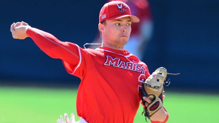 The Marist baseball team fell in both ends of a Metro Atlantic Athletic Conference doubleheader at Monmouth on Saturday. Pictured above Marist Sophomore Dylan Hoy.