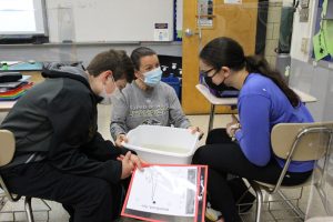 Highland Middle School Science teacher Cornelia Harris (center) brings a lesson on eels to life by bringing back baby glass eels collected on a field trip to the Black Creek Preserve in Esopus to students who were unable to go. Looking on is Taso Bakatsias (left) and Keira Bishop (right).
