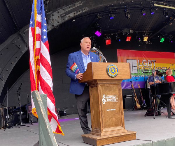 New York State Comptroller Thomas DiNapoli offers remarks during a Pride event.