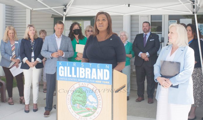 U.S. Senator Kirsten Gillibrand, member of the Special Committee on Aging, was joined by Attorney General Letitia James (at podium) and other local elected officials to announce her bipartisan Senior Financial Empowerment Act on Friday, June 25, 2021. HUDSON VALLEY PRESS/ Chuck Stewart, Jr.