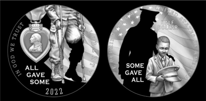 This “All Gave Some - Some Gave All” design was one of the preferred coin designs recommended by the National Purple Heart Honor Mission for the 2022 commemorative coin series.